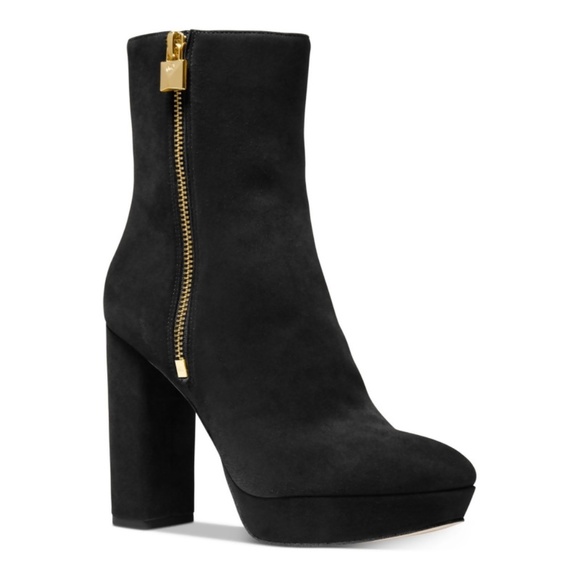 Michael Kors Frenchie Black Suede Stiletto Block Heel Platform Logo Ankle Bootie - Picture 5 of 9